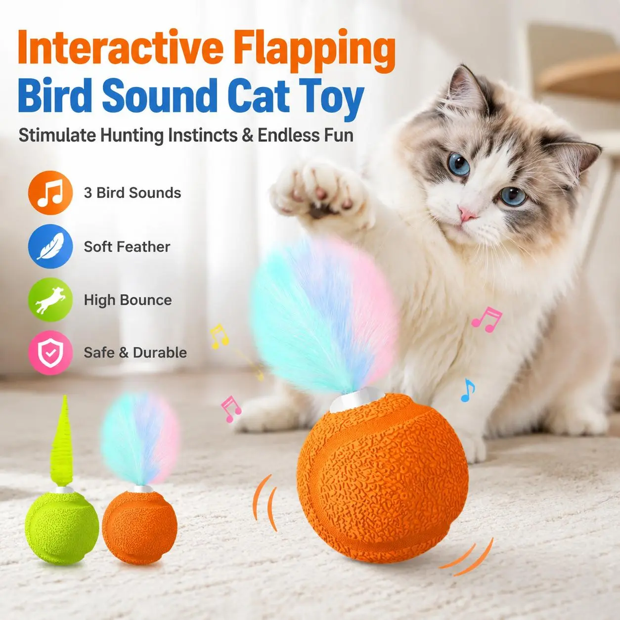 2 Pack Interactive Cat Toy Balls for Indoor Cats, Motion Activated Squeaky Feather Toys with Realistic Bird & Insect Sounds, Automatic Rolling High Bounce Balls for Exercise (Orange & Green)