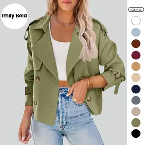 Imily Bela Women's Short Double-Breasted Cropped Trench Coat, Raglan Sleeve, Pockets, Feminine Elegant Casual Womenswear for Work Office