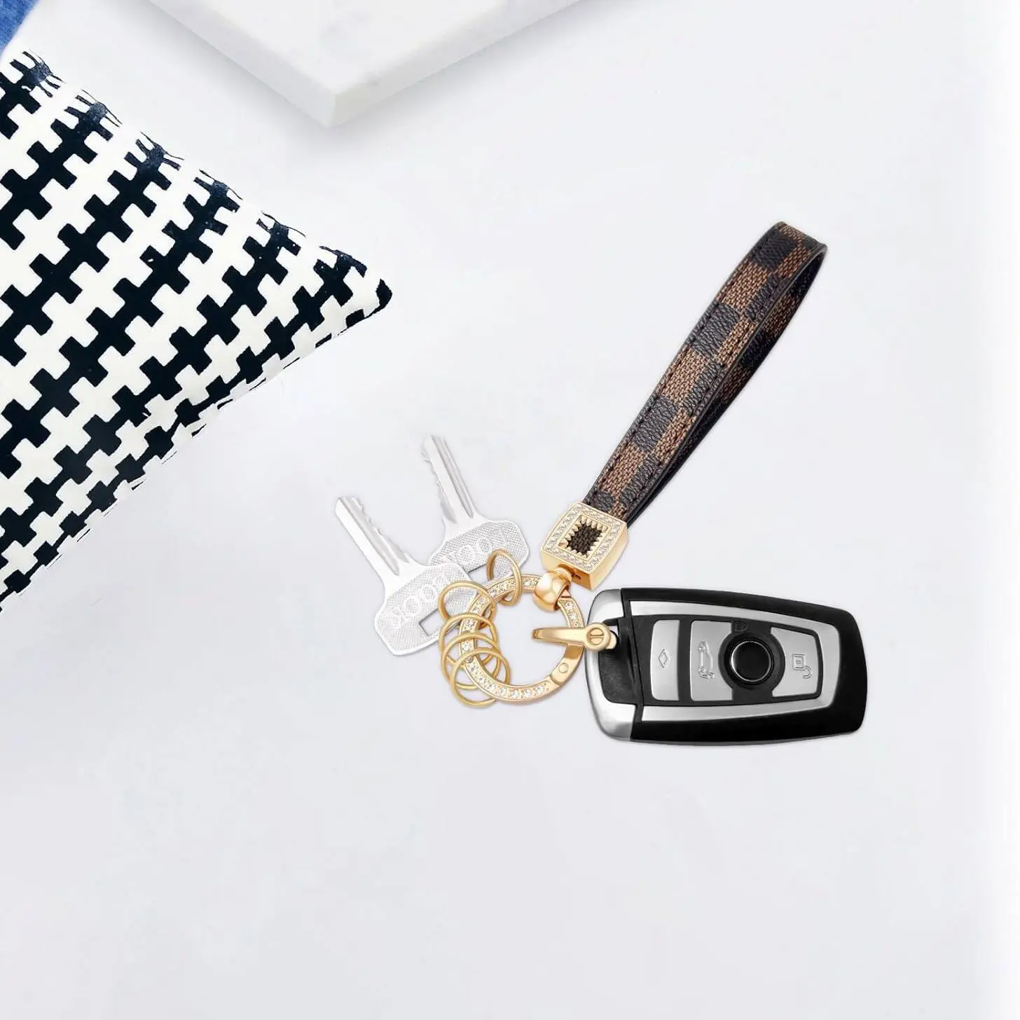 Unisex Webbing Lanyard Keychain with Gold Rectangular Rhinestone Swivel Charm - Chic Look, Anti-Loss, Secure Keys for Everyday Use, Key Ring/Clasp, Rhinestones