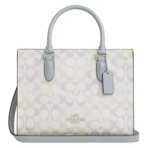COACH Maggie 24 Classic Monogram Canvas Tote Bag for Women, Crossbody and Handheld Style in Light Blue