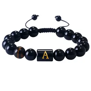 OIDEA Men's Initial Letter Natural Black Agate Tiger Eye Adjustable Beaded Bracelet