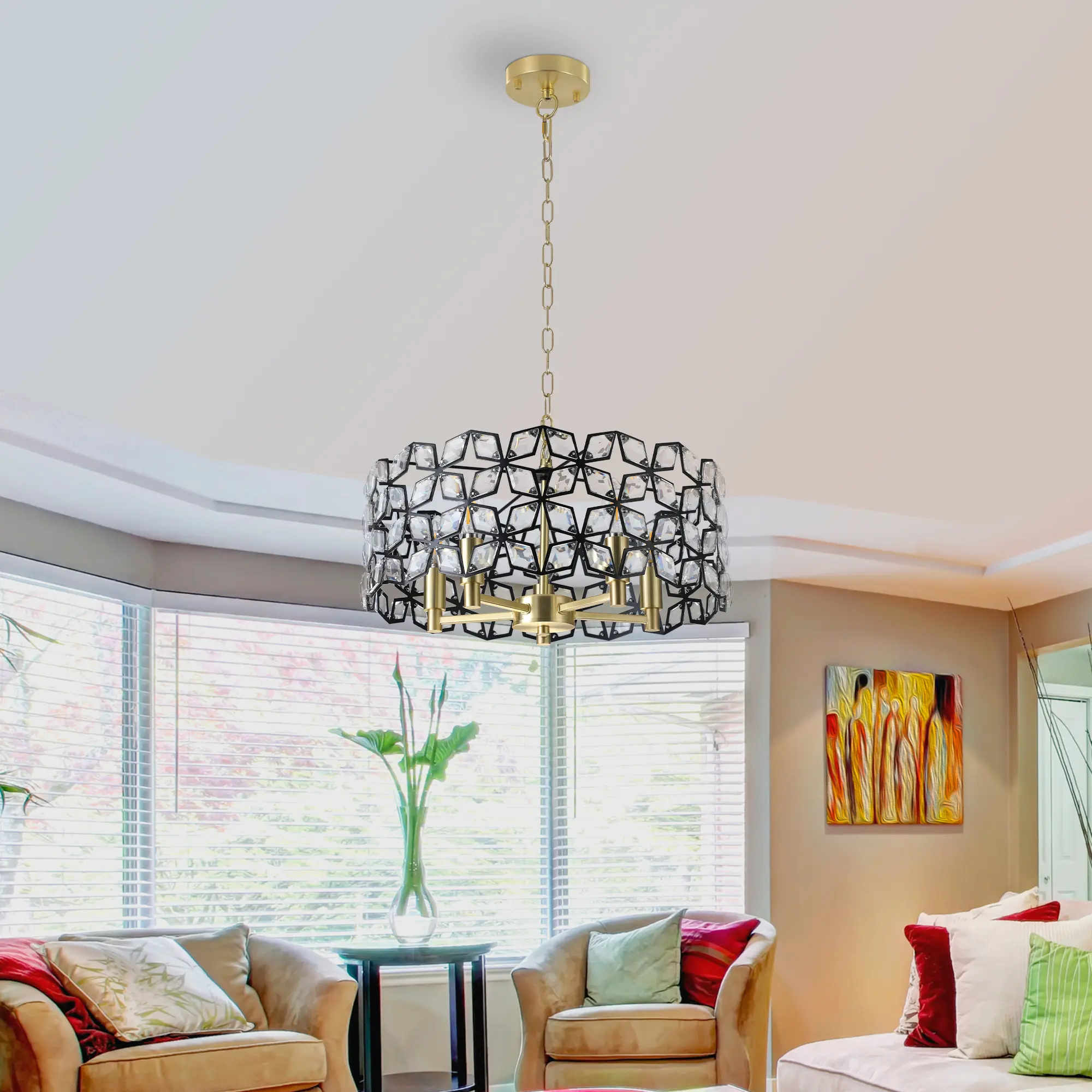 Modern Exquisite Design Transparent Crystal Chandelier - Luxury Round Metal Indoor Ceiling Light Fixture, 60W Candle Lights, Romantic Glow, 5 E12 Bulb Compatibility, 47.2" Energy-Saving Hanging Chain for Living Room, Home Decor