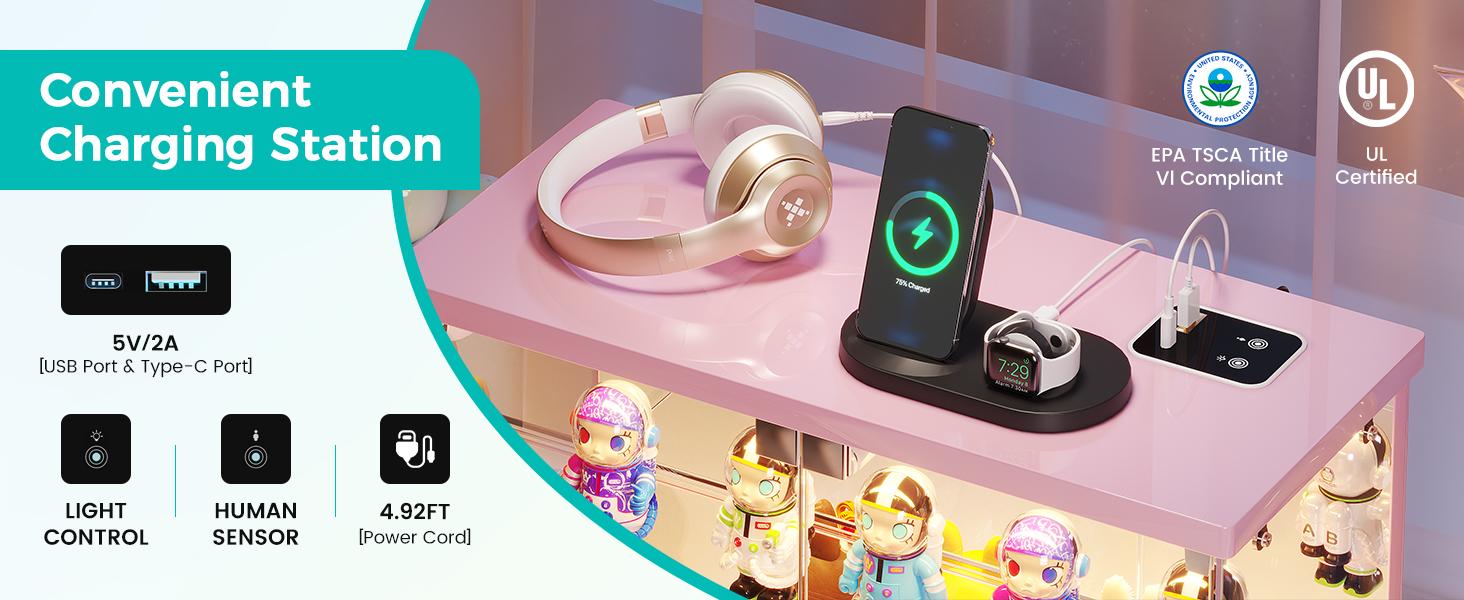 Miu vanity Display Cabinet with Glass Doors,Storage Cabinet with 3 color light,2-Tier Curio Cabinet case for Collectibles,Toys，Books，for Playroom，Bedroom，Study Room,Black,Pink