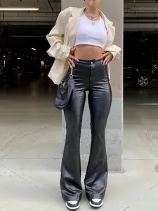 Black Leather Appearance Tight Jeans, High Stretch Slim Fit Fashionable Tight Jeans, Women's Jeans And Clothing