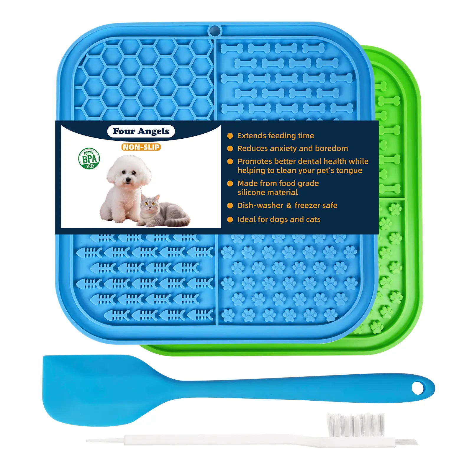 MSD Food Grade Silicone Square Strong Suction-Cup Dog Feeding Mat - 8in x 8in Textured Grids, Bisphenol A (BPA)-Free, Anxiety Aid, Dental Care Support, Feeding Tray, Ideal for Bathing & Grooming Stations