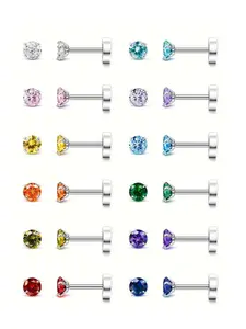 Colorful Cubic Zirconia Stud Earrings, Stainless Steel Stud Earrings for Women & Girls, Birthstone Flat Back Stud Earrings, Fashion Accessories for Daily Wear, Hypoallergenic Post Earrings, Stud Earring Jewelry