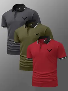 Men’s 3-Pack Summer Cotton Short-Sleeve Polo Shirts with Bull Graphic Print, Classic Vintage Style, Lightweight Versatile Sporty Casual Outdoor Fashion Golf Apparel, Trendy Black Short-Sleeve, Best Gift for Boyfriend or Husband