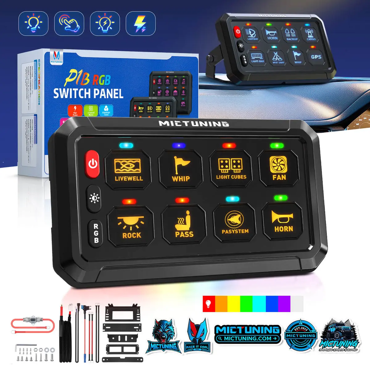 MICTUNING P1B RGB 5" 8/12 Gang Switch Panel for car jeep truck utv atv marine boat, Color-Coded LED Indicator with Off Backlight android Modern