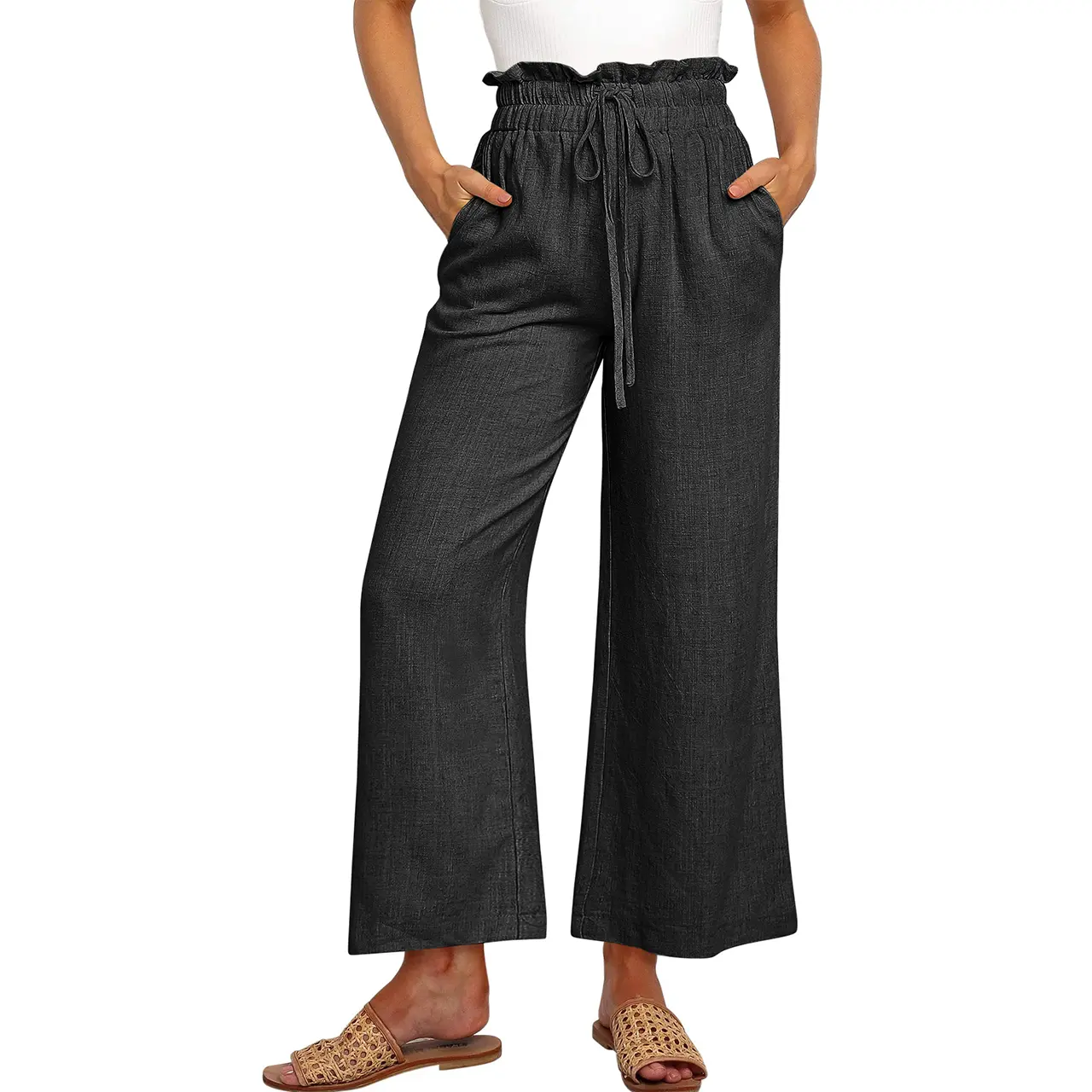 Women's Linen Pants Summer Wide Leg Casual Loose Drawstring Capri Palazzo Trousers with Pockets teacher outfits  Basic Cute Womenswear Bottom Wideleg