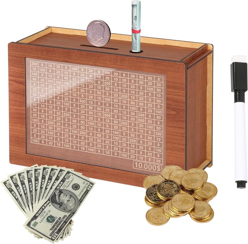 10,000 Savings Challenge Box Durable Wooden Cash Vault with Counting ...