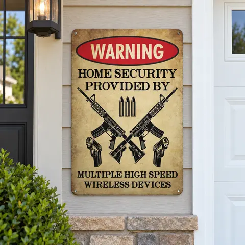 Funny Home Security Metal Sign, 2 Sizes 8 x 12 in & 12 x 16 in, Multiple Wireless Devices Vintage Warning Wall Decor, Rustic Retro Plaque for Garage Man Cave Workshop Home Bar Game Room Office, Novelty Humor Gift for Men Dad Husband Friends