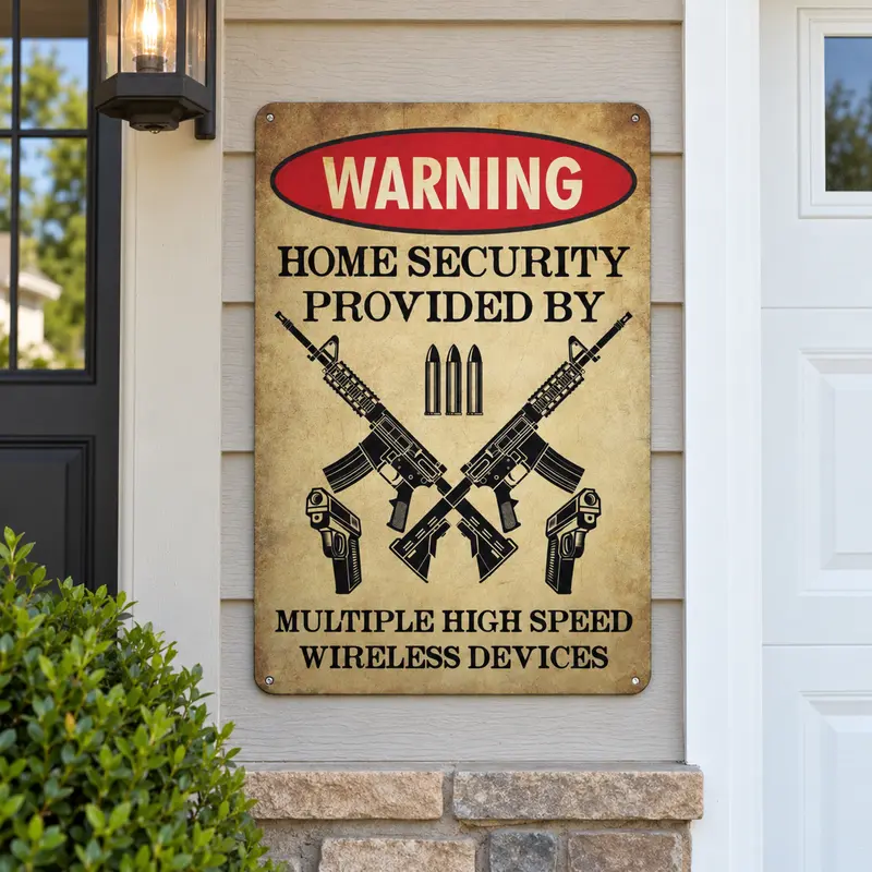 Funny Home Security Metal Sign, 2 Sizes 8 x 12 in & 12 x 16 in, Multiple Wireless Devices Vintage Warning Wall Decor, Rustic Retro Plaque for Garage Man Cave Workshop Home Bar Game Room Office, Novelty Humor Gift for Men Dad Husband Friends