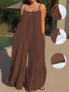 Women's Solid Color Strapless Jumpsuit, Wide Leg Pleated Hem, Large Capacity Pockets, Lightweight Breathable Fabric, Summer Vacation Essential