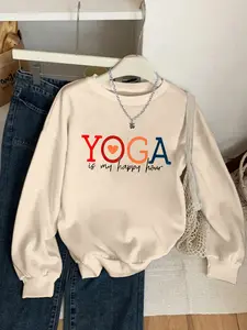 Sweet Girl Style Yoga Round Neck Sweatshirt, Casual Fitted Graphic Top, Perfect for Campus Commute, Beach Walks, Weekend Shopping