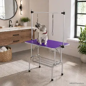 46" Foldable Purple Dog Grooming Table - ARCH Stainless Steel Frame, Anti-Slip Rubber Mat, Adjustable Arms with Clamps, Foldable Legs