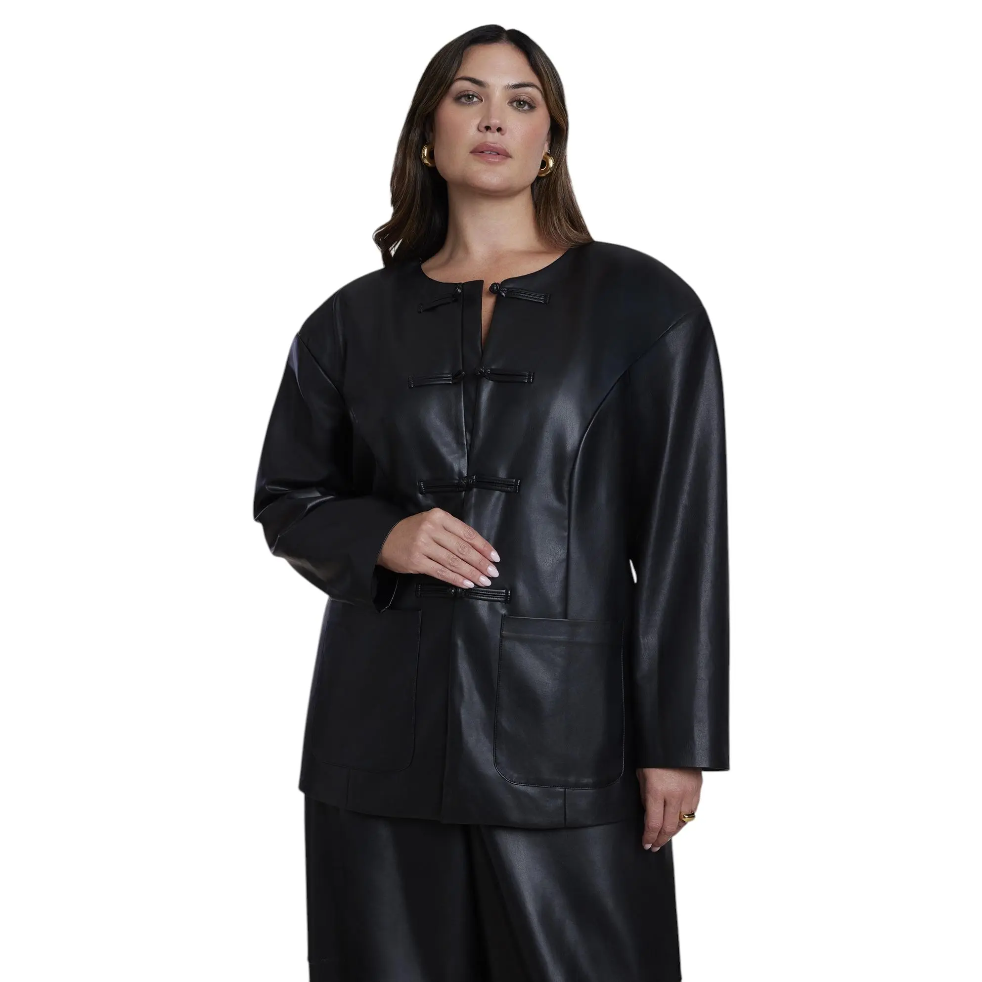 ELOQUII Women's Plus Size Button Detail Faux Leather Jacket