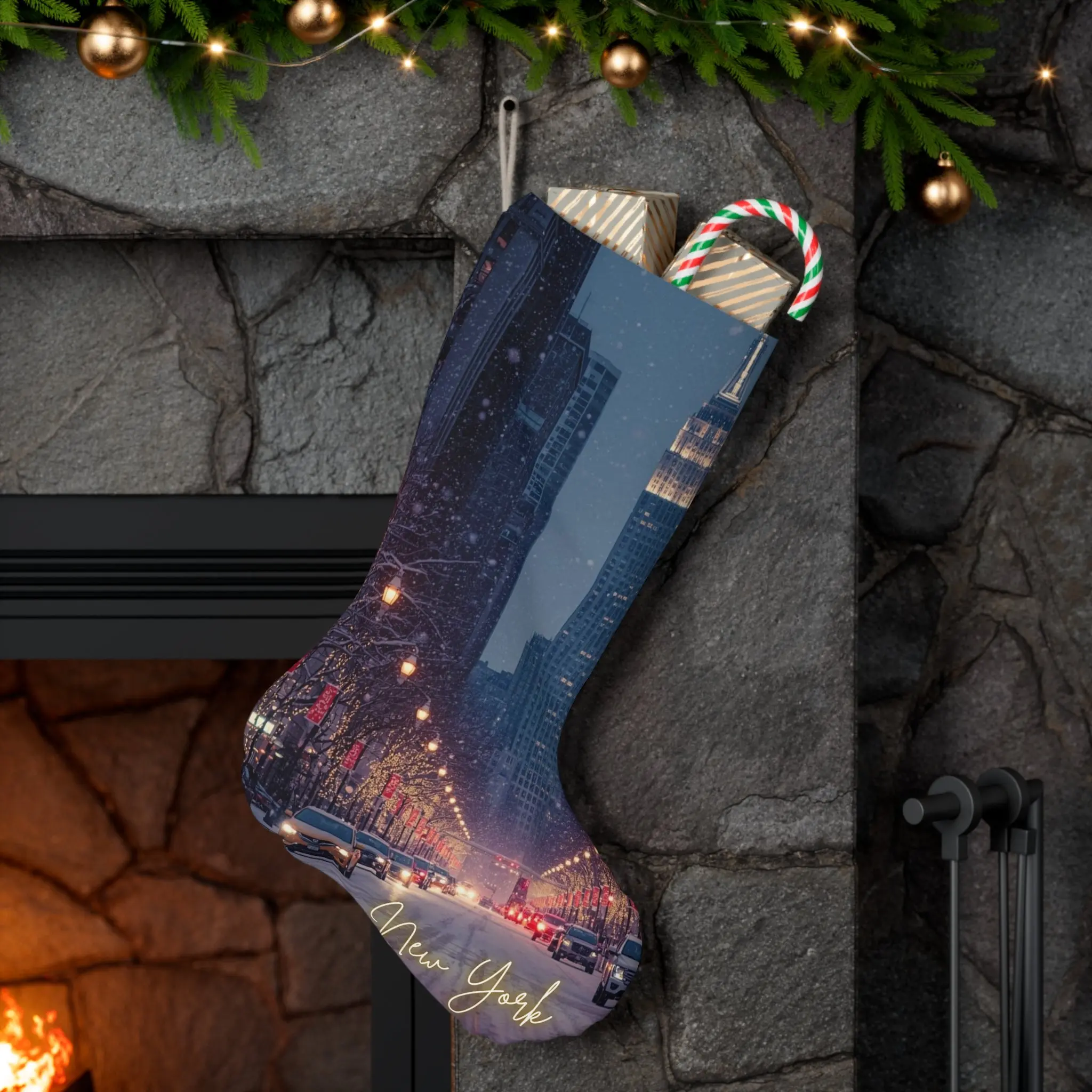 New York Snowy Street Christmas Stocking — Holiday Santa Stocking with Empire State Design