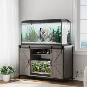 VOWNER Farmhouse 55-75 Gallon Fish Tank Stand with Power Outlet, Aquarium Stand with Storage Cabinet and Sliding Barn Door, Heavy Duty Reptile Tank Stand, for 2 Tanks, 1000LBS Capacity Fishtank