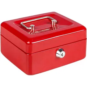 Cash Box with Money Tray, Small Money Box with Key Lock, 6" x 4 4/5" x 3", Red