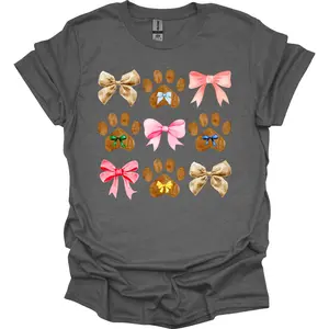Dog Paws Coquette Bows Watercolor T-Shirt, Dogs T-Shirt, Girlie T-Shirt, Bow Collage Trendy Bow Shirt Design, Coquette Shirt Womenswear Printed Tops Fabric Soft Fit Garment