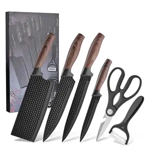 Super affordable kitchen knife set, a set of 6 different models, black kitchen knife, anti-slip handle, chef's knife, fruit knife, vegetable, meat knife. knife tool Block Wooden Cutting
