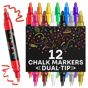 12 Colors Dual Tip Liquid Chalk Markers - Erasable Chalk Markers for Blackboard, Chalkboard Signs, Glass, Chalk Pens Wet Erase Makers for Bar Menu, Shcool,Wedding Sign, Just Married Car Windows Decorations Art Pen Marker
