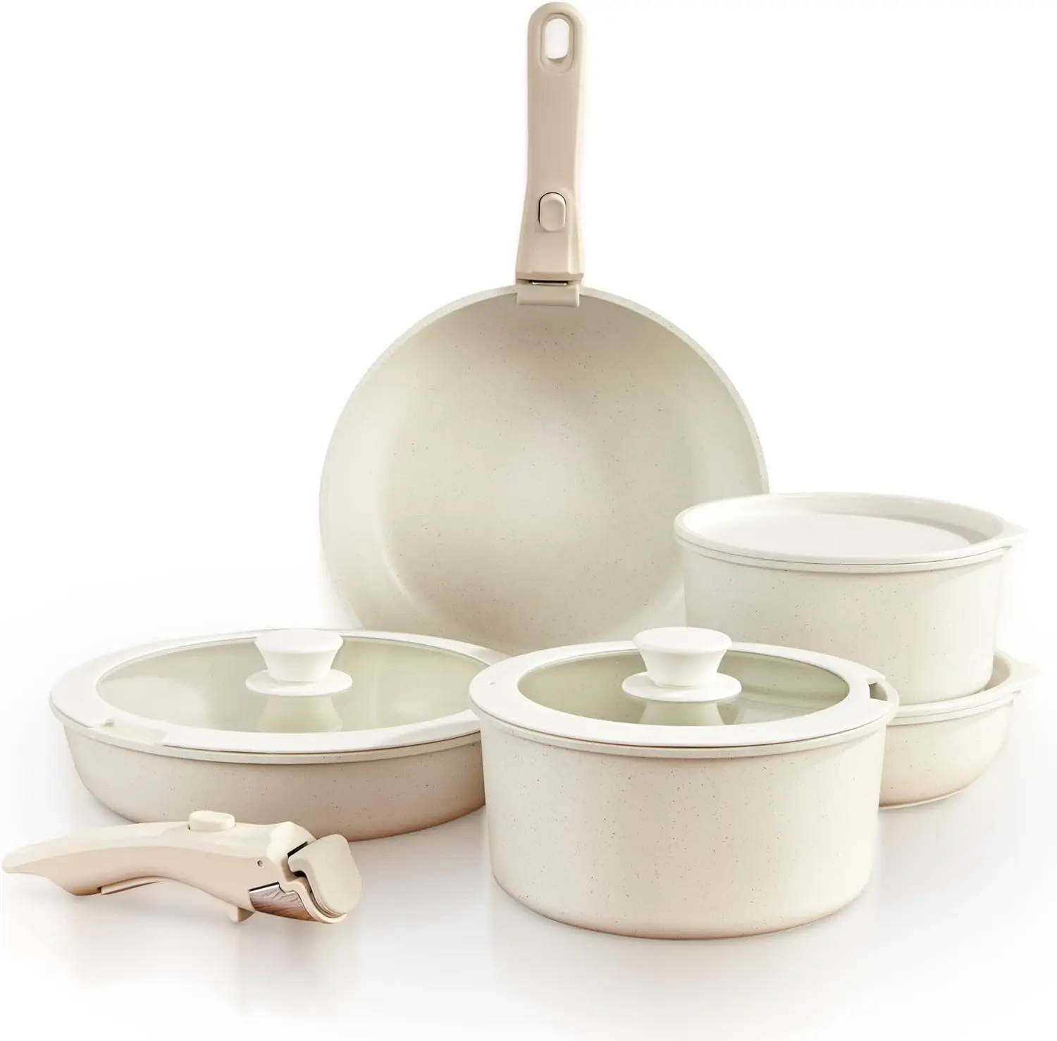 Pots and Pans Cookware Set [17 PIECES] - Non Toxic Ceramic Coated Cooking Ware - Induction, Gas & Oven Kitchenware  dishwasher- Non Stick Pot & Pan with Removable Handles & Stackable (Cream)