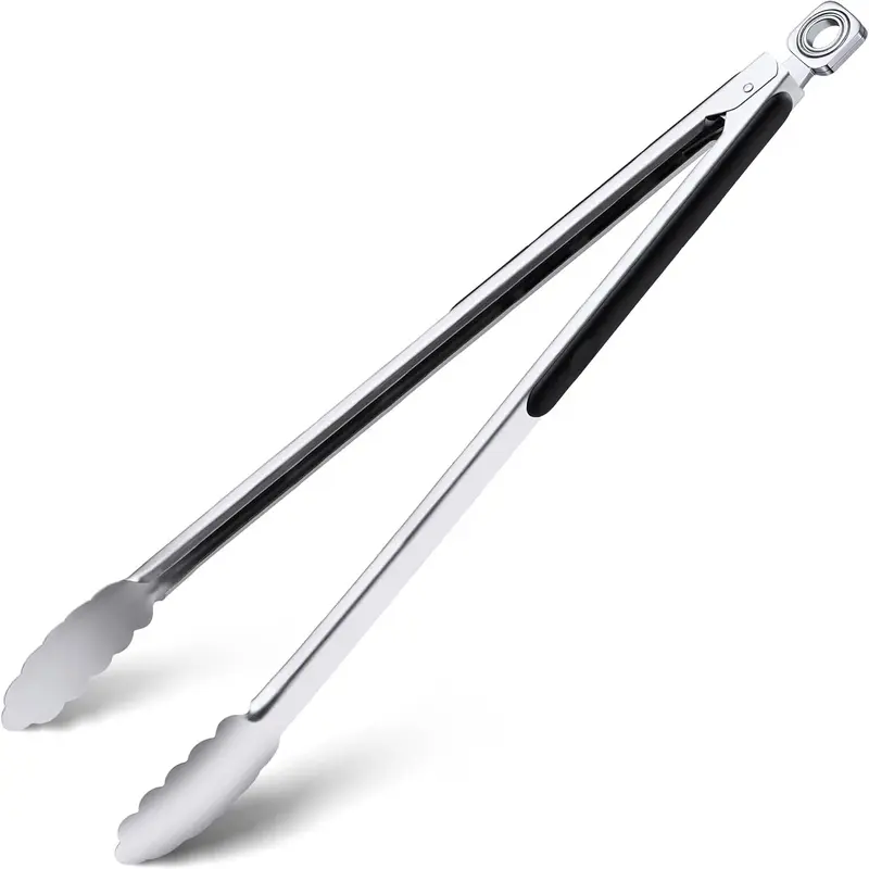 17" Long Length Brushed Stainless Steel Tongs - Sturdy, Durable, Stain-Resistant Kitchenware Utensil with Hanging Ring for Storage, BBQ Tools for Outdoor Grill Cooking