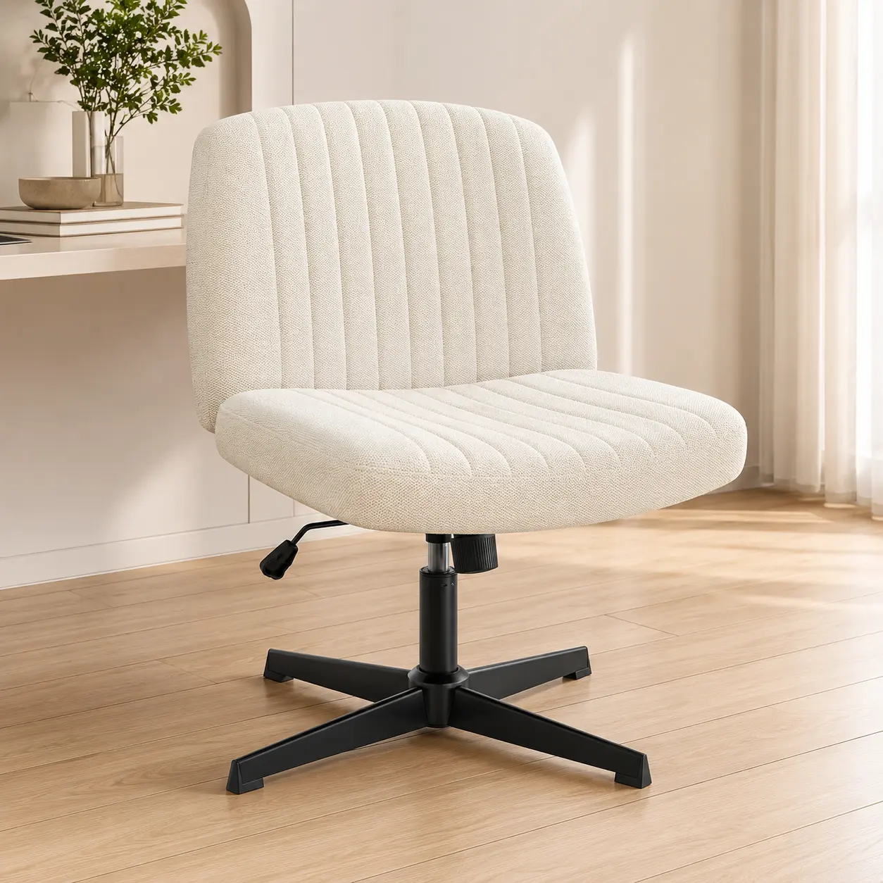 Criss Cross Armless Office Desk Chair – Ergonomic U-Shaped Back, Wide Seat, Adjustable Swivel, Fabric Task Chair for Home Office, Vanity, Makeup, Computer, Modern Cute Desk Chair, No Wheels