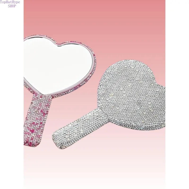Unisex Heart Shape Bling Rhinestone Decor Travel Hand Mirror - Luxury Portable HD Reflection Makeup Mirror with Handle, Stylish On-the-Go Touch-Up & Gifting Fashion Accessory, Travel Hand Mirrors