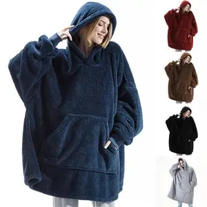 Hoodie Sweatshirt with Big Pocket Oversized Long Sleeve Double-Sided Fleece Thicker Winter Casual Leisure Wearable Blanket Hooded Hat Collar Plain Style