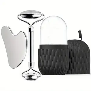 3 Counts Ice Face Roller Facial Skincare Ice Roller Set with StorageBag, Stainless Steel Facial Roller GuaSha Face Tool Set, Reusable Silicone Ice Facial Roller Ice Holder, Face Ice Mold Cube SkinCare Beauty Set Face Massage Roller Lifting Contouring Tool