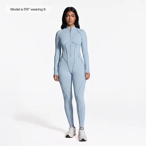 BetterMe Women's Long Sleeve Zip-Front Open-Back Catsuit, Full-Length Compression Jumpsuit for Workout Yoga Gym Activewear