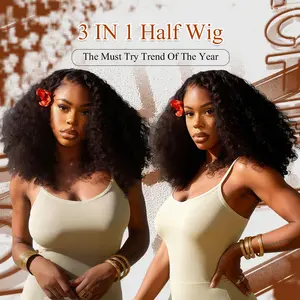 Wear Go Half Wig Curly 250 Density Human Hair Water Wave 22 Inch Wet Wavy 3-in-1 Half Wig for Women Drawstring Seamless Flip Headband Beginner Friendly