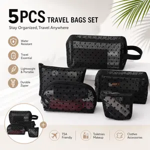 5 Pack Heart Printed Mesh Makeup Bags – Portable Travel Cosmetic Pouches with Zipper, See-Through Toiletry Storage for Home, Office, Travel – Cute & Practical