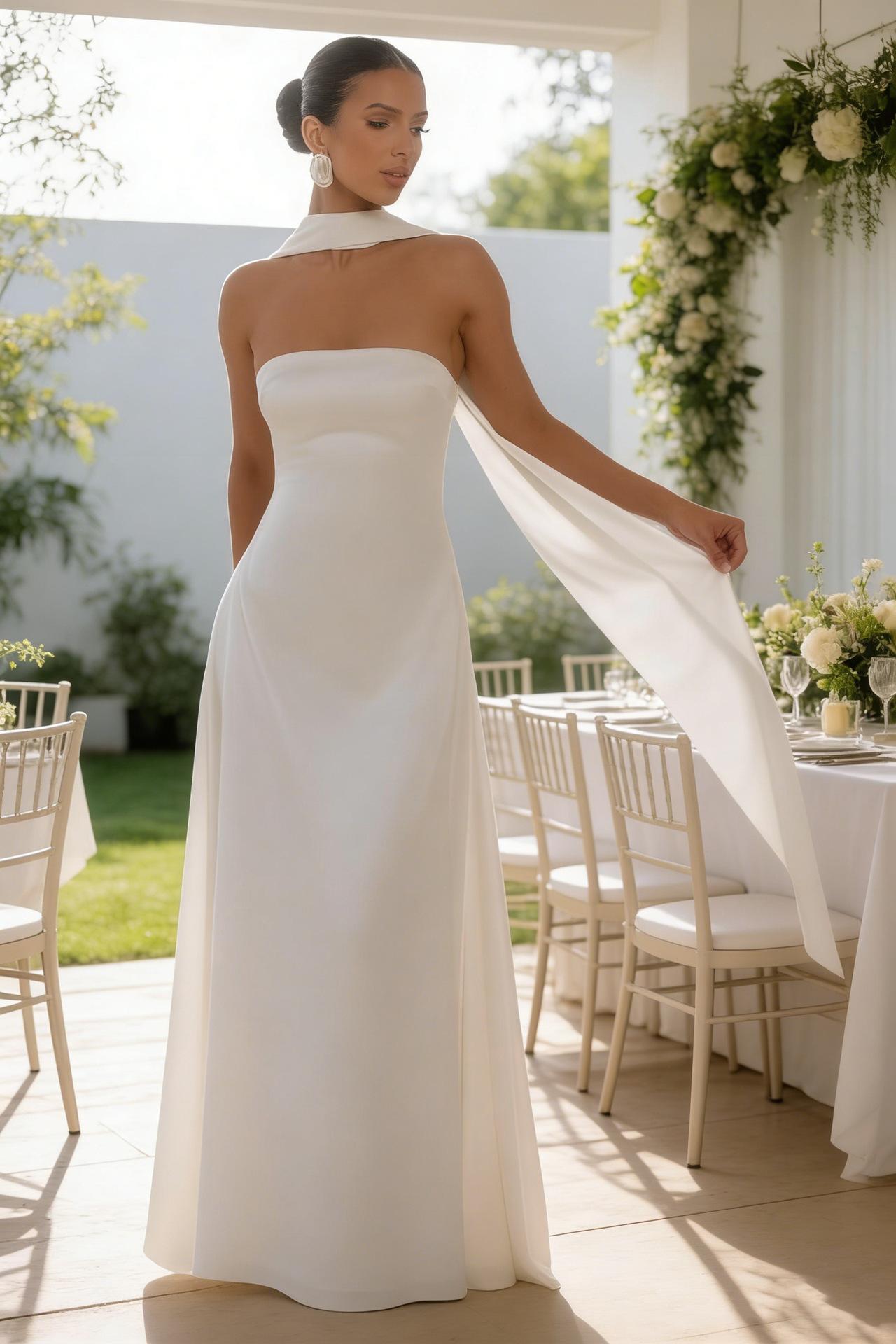 Womens Backless Tube-Top Waist-Cinching Evening Gown Long Dress