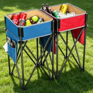 2-Pack Foldable Outdoor Camping Cooler Table Set, Waterproof Leakproof Beverage Cooler Tables with Side Storage & Cup Holders, Portable Folding Tables for Camping Beach Picnic Tailgating summervibes