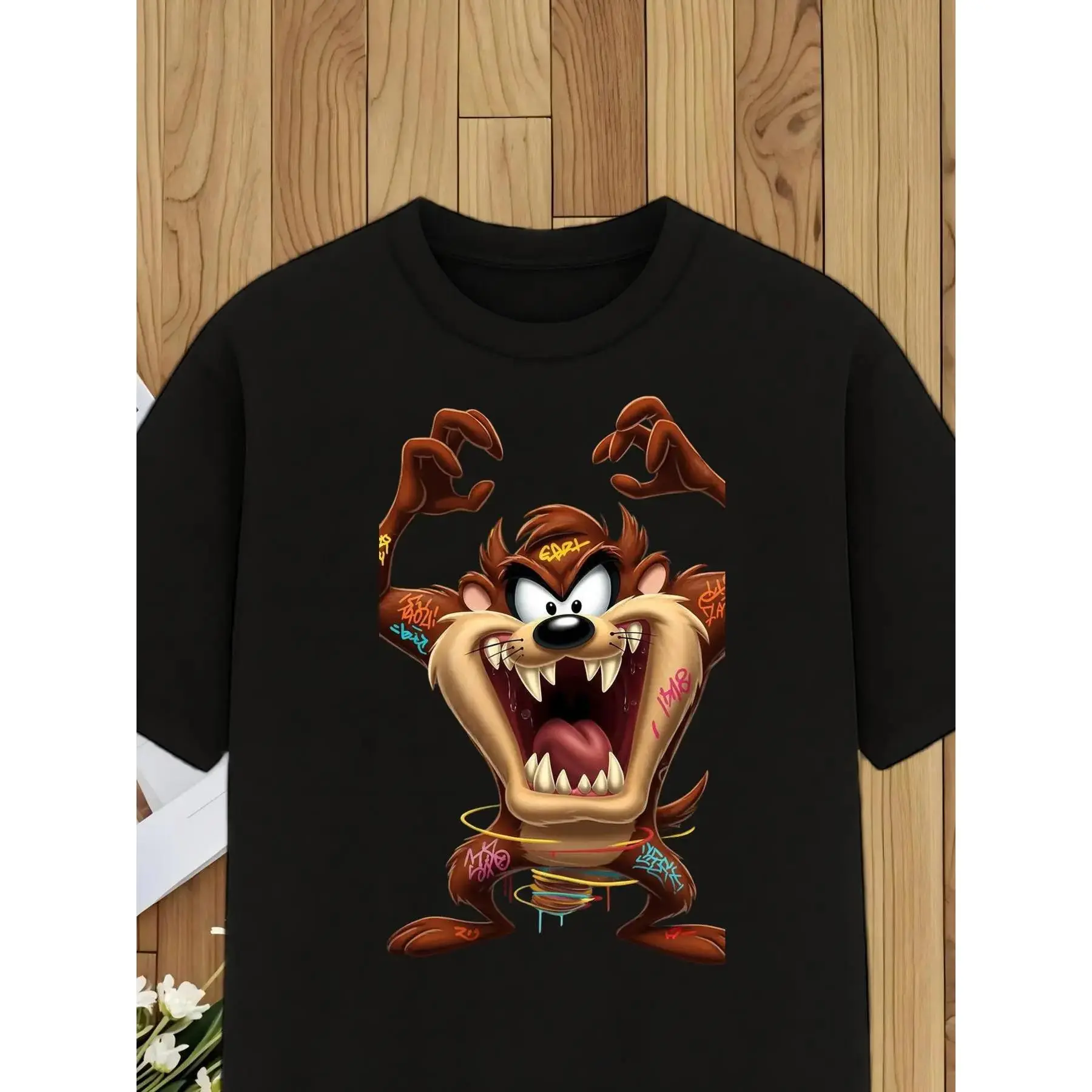 Men's Plus Size Cartoon Taz Graphic Tee - Stylish Black Short Sleeve Shirt Featuring Aggressive Tasmanian Devil Design, Perfect for Casual Wear or Gifts