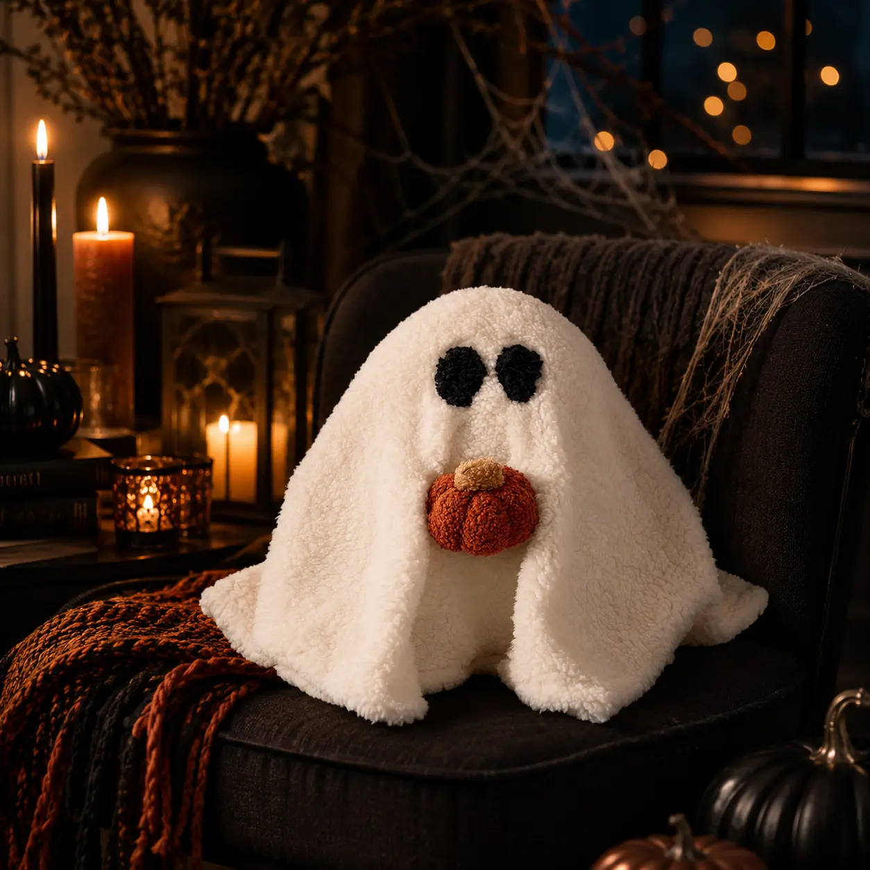 Ghost Campfire Plush Pillow - Halloween Aesthetic Spooky Throw Cushion, Single Piece Soft Cute Accent for Adults' Bedroom, Sofa, Parties Decorations