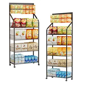Explorinox Heavy-Duty 4/5 Tier Rolling Display Rack with 360° Wheels & 15 Hooks for Snacks & Beverages - Multi-Tier Storage Shelf Cart for Supermarket Home