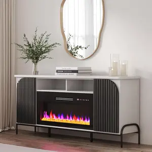 68" Fluted TV Stand with 36" Electric Fireplace, Modern Entertainment Center with Storage for TVs Up to 75", Media Console with Curved Panel & Door,TV Cabinet for Living Room Bedroom (White)