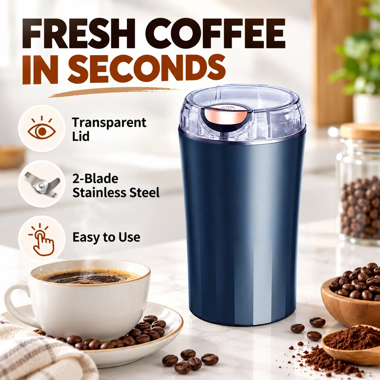 La Layuan New 200W Countertop Coffee Grinder - 110V, 200W and Above Stainless Steel Easy-to-Carry Portable Coffee Machine Electric Food Processor for Home Use with Lid, Measuring Pitcher (Nuts, Spices)