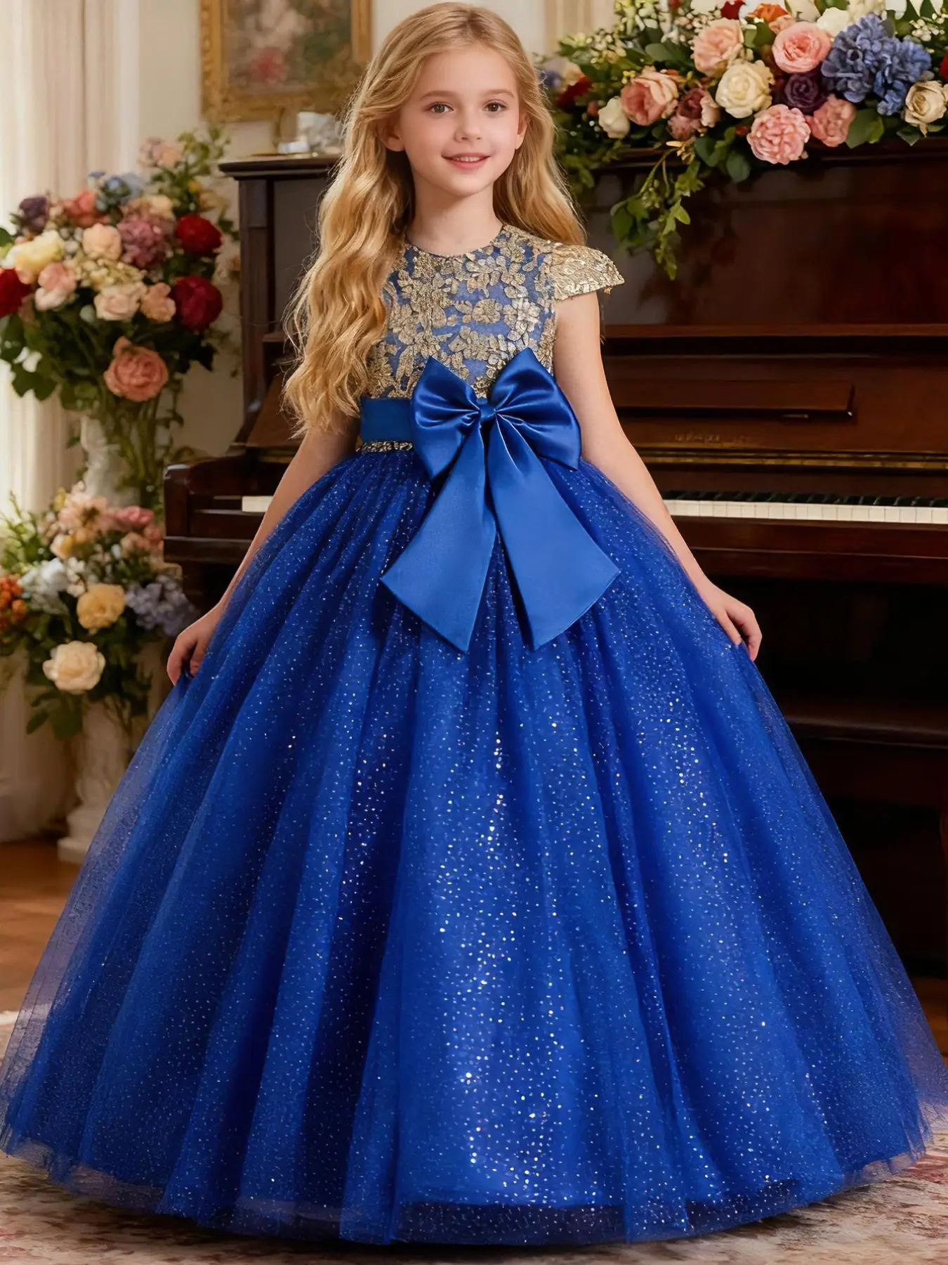 Girl's Floral Embroidery Big Bow Decor Contrast Sequin Tulle Party Dress,  Elegant Puff Sleeve Round Neck