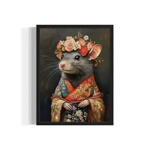 Animal in Kimono Wall Art – Rat Poster with Floral Design, Japanese-Inspired Bedroom Decor, Unframed Room Art, 5 Size, 8x12 to 27x40 inch