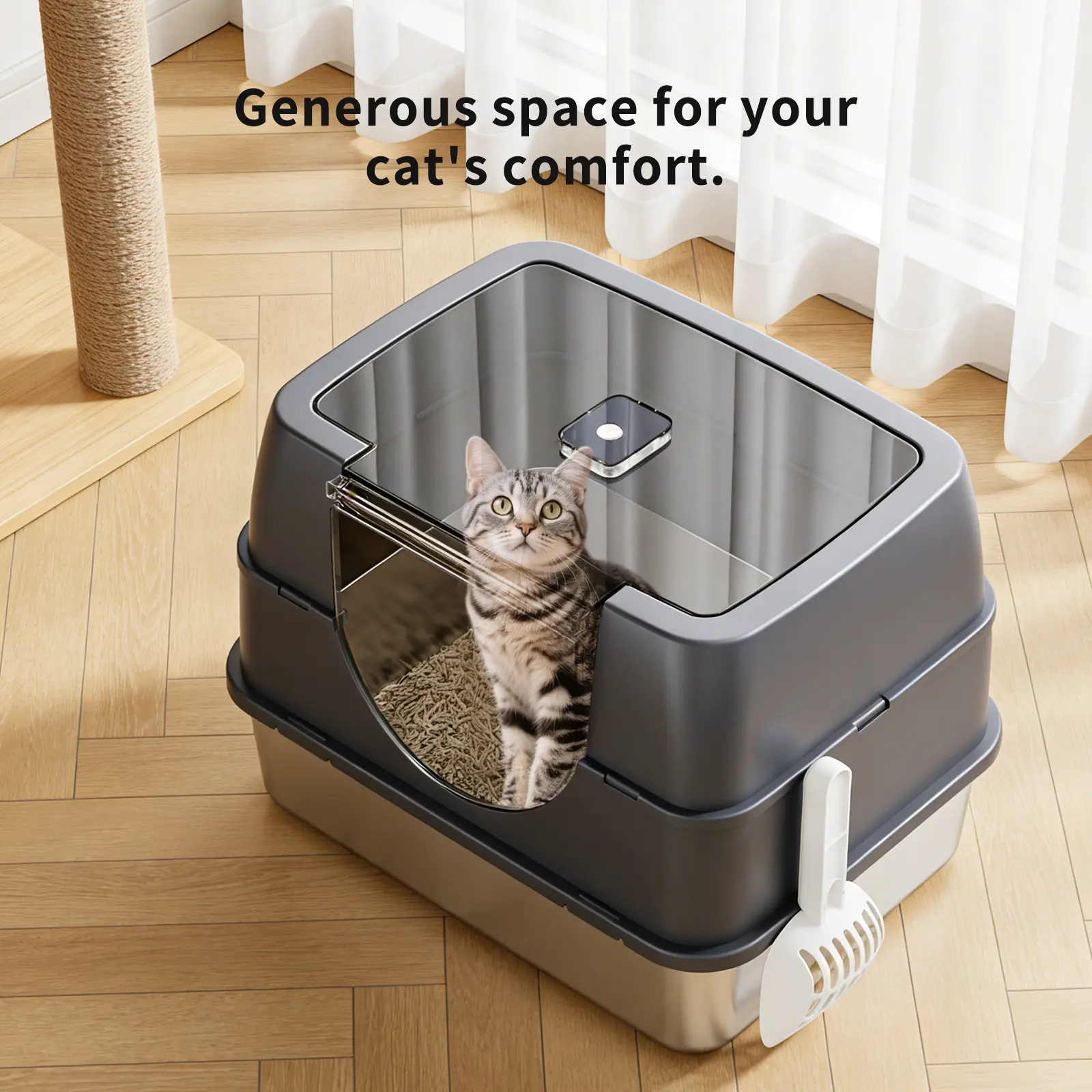 Extra Large Stainless Steel Cat Litter Box, Enclosed Covered Litter Box for Large & Multi Cats, Odor Control Leak Proof High Sided Metal Litter Pan, Easy Clean Indoor Cat Toilet automatic cleaning free scoop top entry easy-clean design