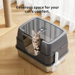Extra Large Stainless Steel Cat Litter Box, Enclosed Covered Litter Box for Large & Multi Cats, Odor Control Leak Proof High Sided Metal Litter Pan, Easy Clean Indoor Cat Toilet automatic cleaning free scoop top entry easy-clean design
