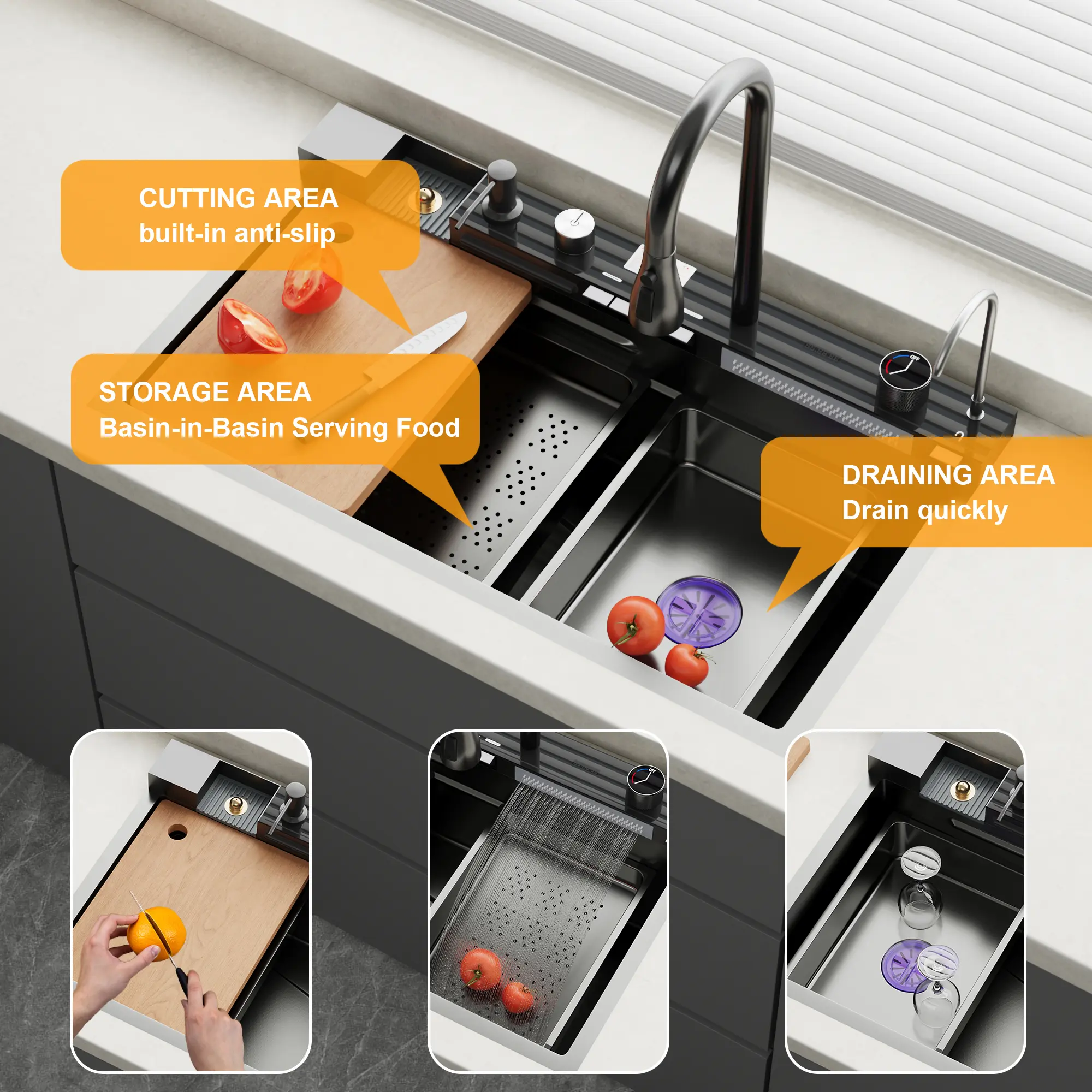 FUFU&GAGA Modern Workstation Kitchen Sink with Waterfall Faucet, Undermount Single Bowl Sink with Cutting Board & Drain Basket