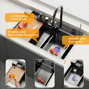 FUFU&GAGA Modern Workstation Kitchen Sink with Waterfall Faucet, Undermount Single Bowl Sink with Cutting Board & Drain Basket