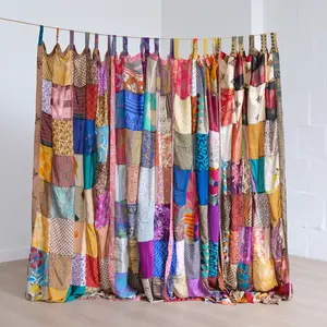 Patchwork Recycled Sari Curtain, Handmade Home Decor, Hippie Boho Curtain Panels, Psychedlic 70s Bohemian Room Decor, One of a Kind Patch Decor