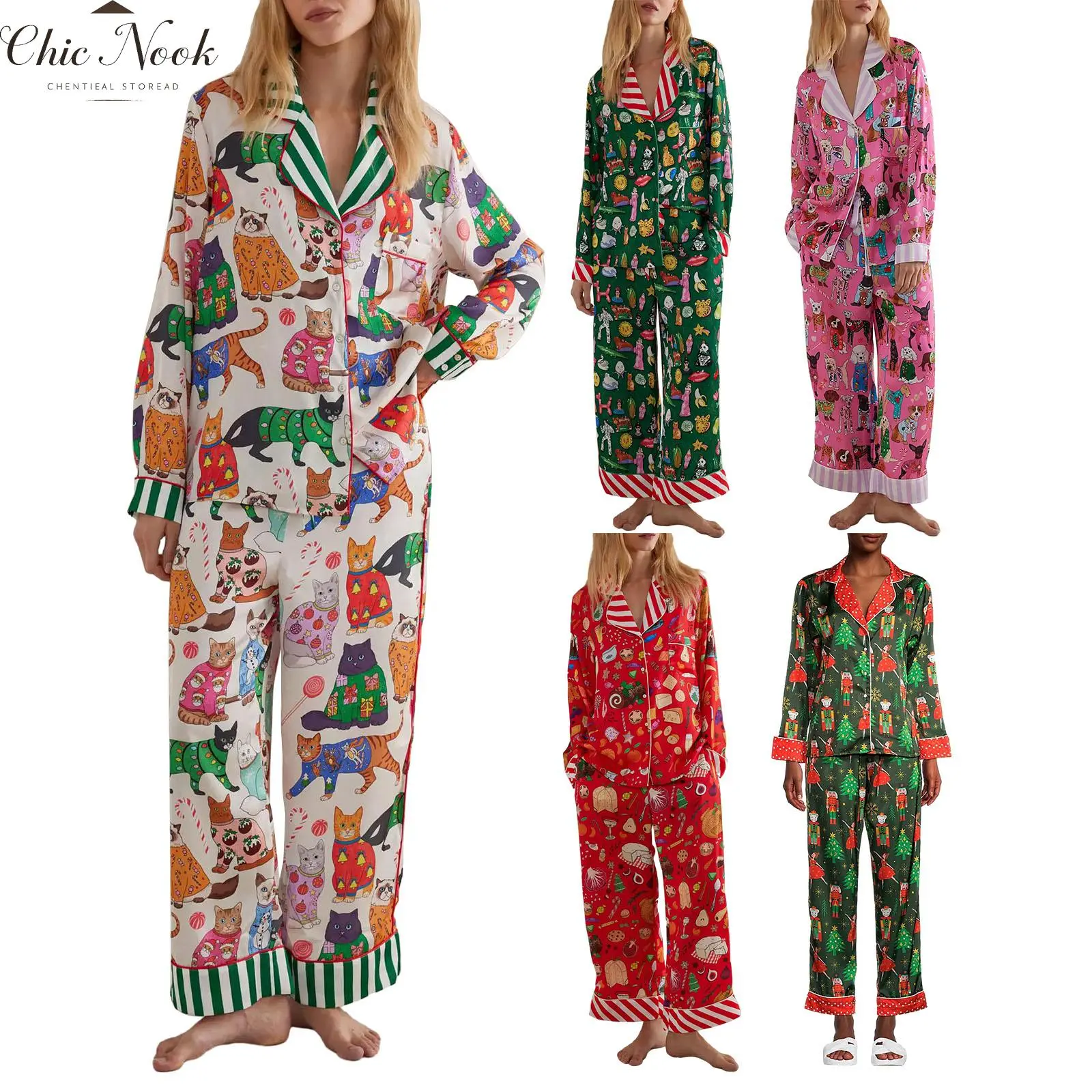 Women Pajama Set, Food Animal Print Long Sleeve Button Closure Tops with Pants Sleepwear Loungewear